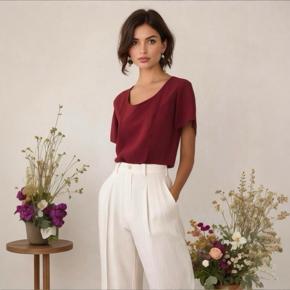 Vintage Short Sleeve Satin Cropped Shirt Maroon Women's Large